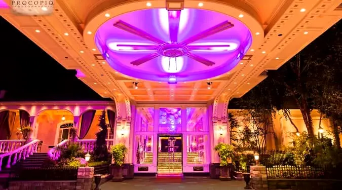 A reception hall lit purple, New Jersey