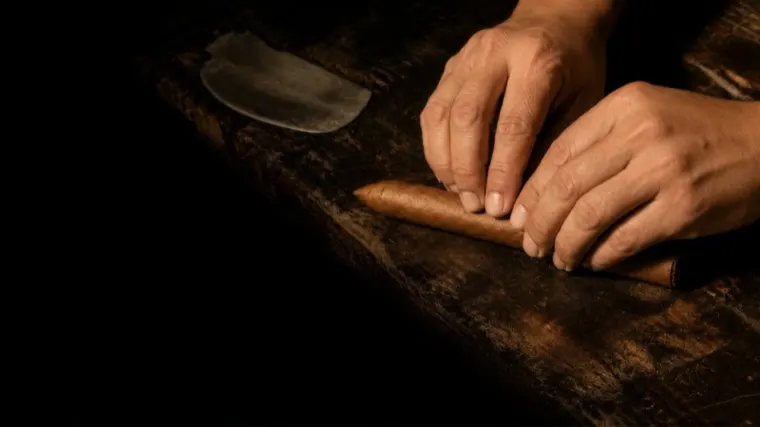 A cigar being rolled on the board, in low light